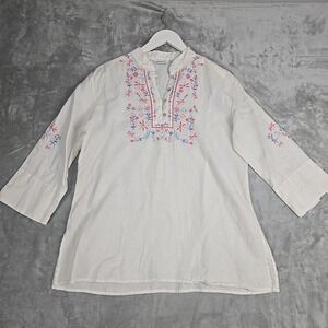 Richard Malcolm Womens Irish Linen Floral Embroidered Tunic Top Large White Boho
